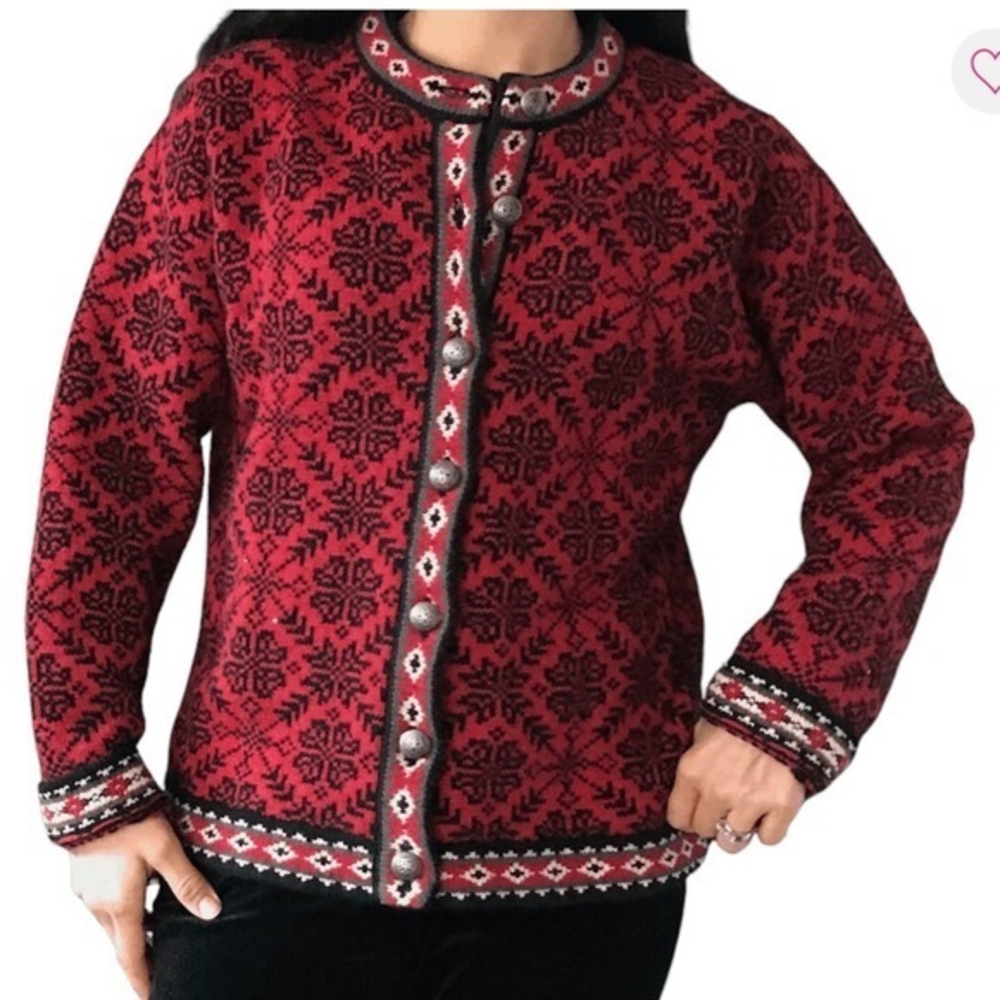 LL Bean Cardigan Sweater Nordic Fair Isle sweater snowflakes winter